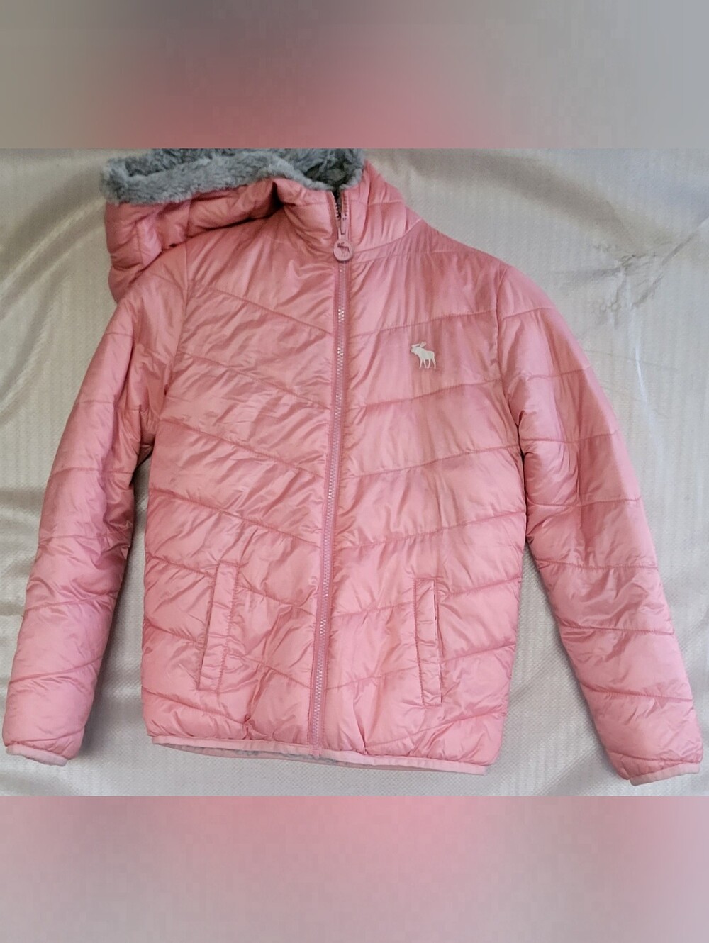 Abercrombie kids Pink Quilted Hooded Puffer Jacket with Faux Fur Trim